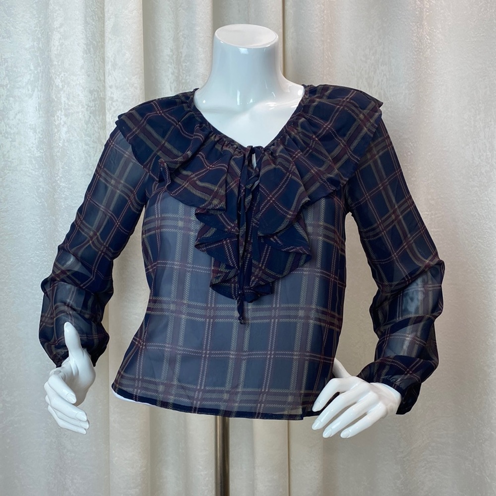 LE LIS | Long Sleeve Plaid Ruffled Sheer Top | Business Casual